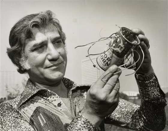 In this October 1975 photo, Houston entrepreneur George Ballas poses with the original Weed Eater. Ballas, best known for inventing the Weed Eater, died Saturday, June 25, 2011. He was 85.